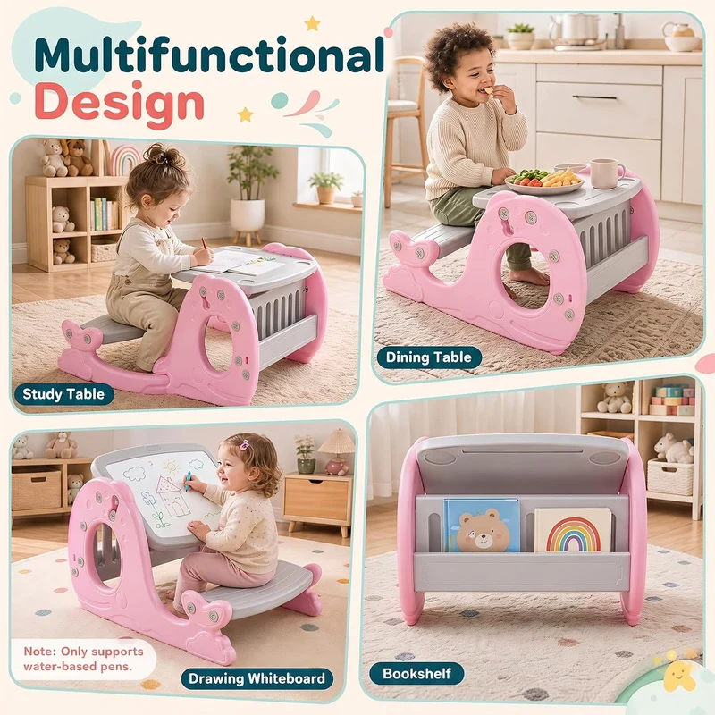 HOMASIS 4-in-1 Convertible Aktivitätentisch mit Bank (Rosa), Rosa