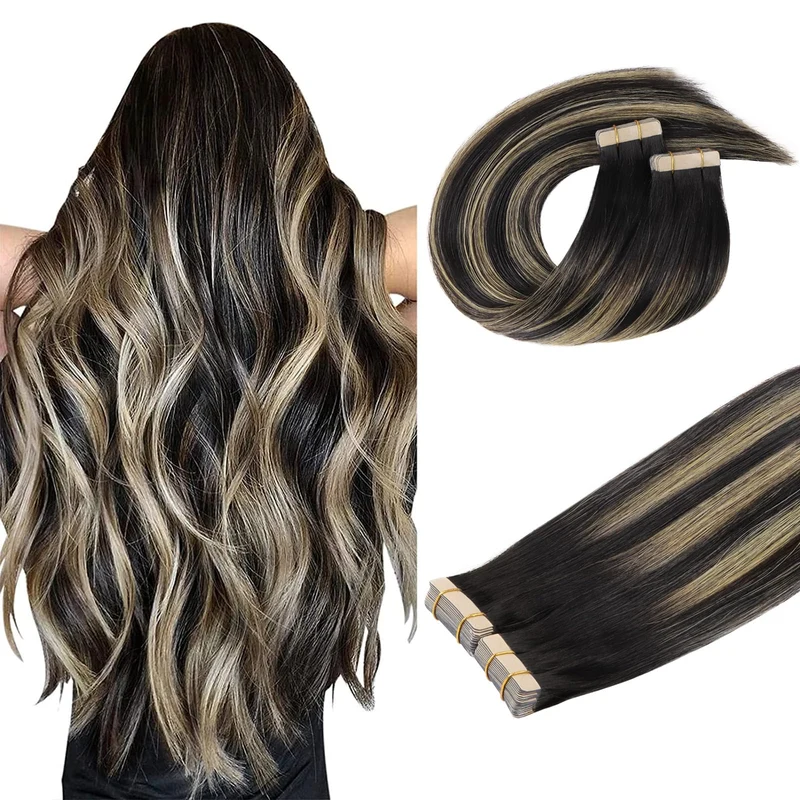 DOORES Tape Extensions Echthaar Echte Remy Voll Tape In Extension #1b/19/1b #1b/19/1b-3 Balayage Nat