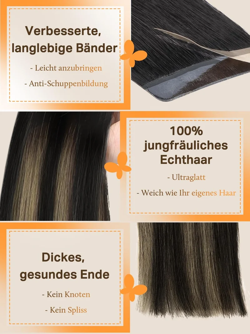 DOORES Tape Extensions Echthaar Echte Remy Voll Tape In Extension #1b/19/1b #1b/19/1b-3 Balayage Nat