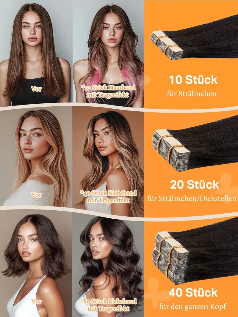 DOORES Tape Extensions Echthaar Echte Remy Voll Tape In Extension #1b/19/1b #1b/19/1b-3 Balayage Nat