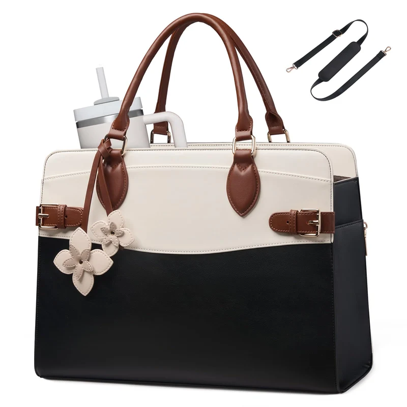 LOVEVOOK Handtasche Damen, 15,6 Zoll Laptoptasche Arbeitstasche Elegant Beige-schwarz-bronze 15,6 Zo