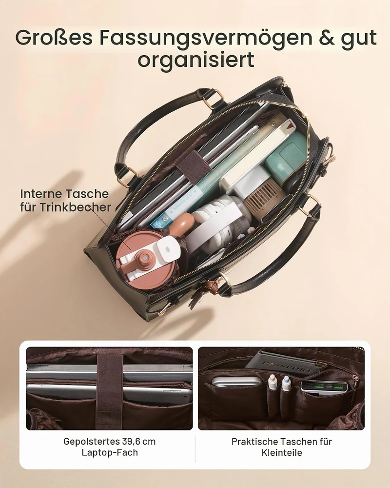 LOVEVOOK Handtasche Damen, 15,6 Zoll Laptoptasche Arbeitstasche Elegant Beige-schwarz-bronze 15,6 Zo