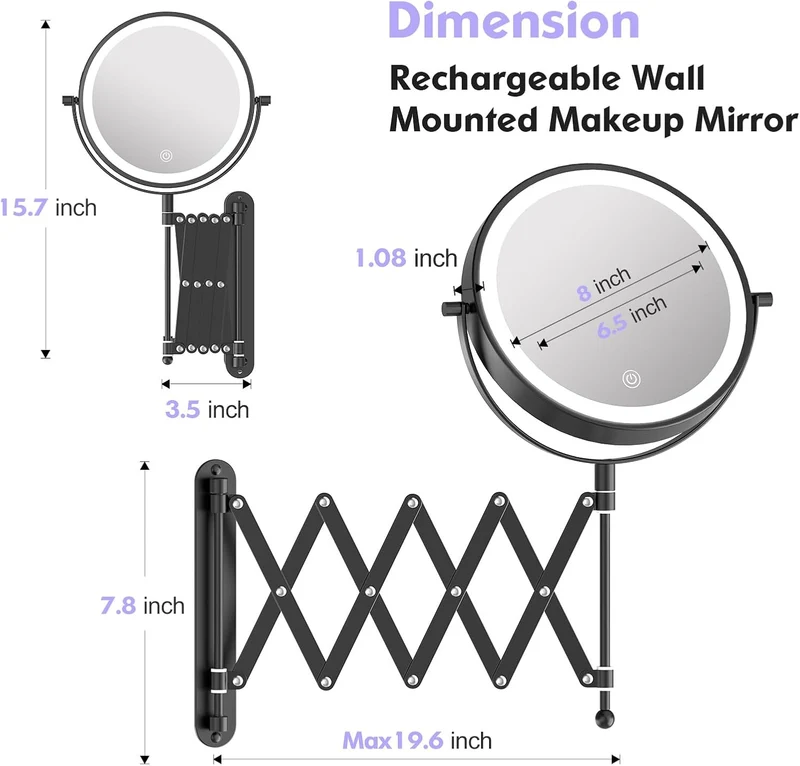 FUNTOUCH 4000mAh Wiederaufladbar Kosmetikspiegel mit 1X/30X Vergrösserung Schwarz, Schwarz