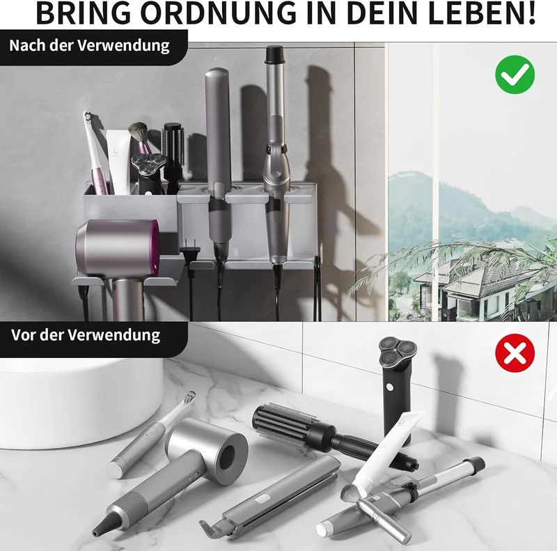Föhn Halterung mit Ablagefach für Lockenstab, Glätteisen & Föhn Grau - Regular, Grau - Regular