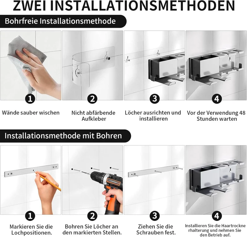Föhn Halterung mit Ablagefach für Lockenstab, Glätteisen & Föhn Grau - Regular, Grau - Regular