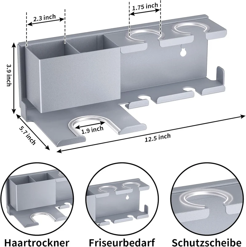 Föhn Halterung mit Ablagefach für Lockenstab, Glätteisen & Föhn Grau - Regular, Grau - Regular