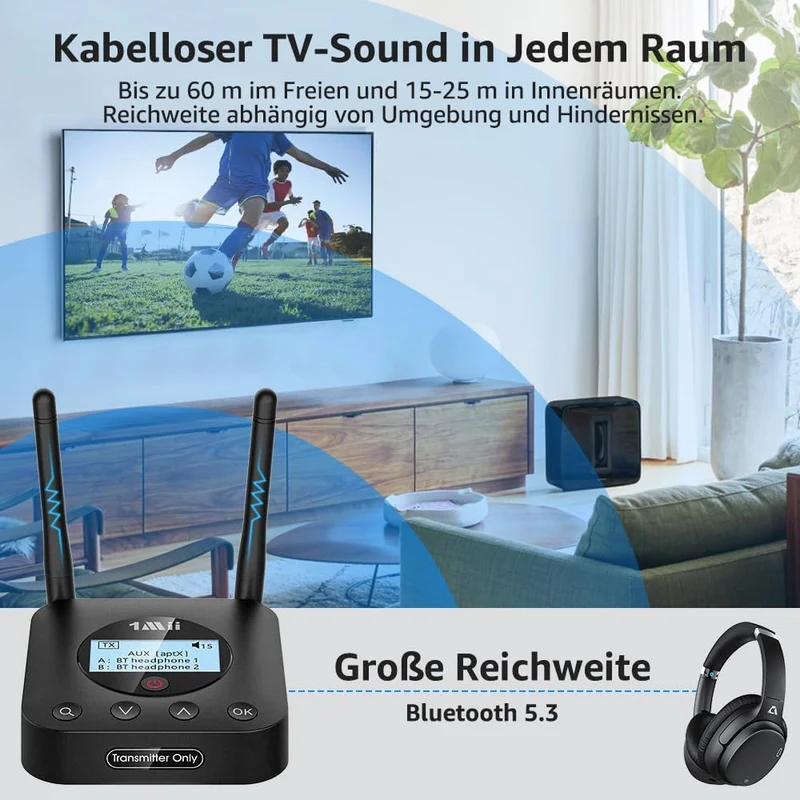 1Mii B06TX+ Bluetooth 5.3 Transmitter für TV mit Display, aptX Adaptive/HD/LL, Dual Link für 2 Kopfh