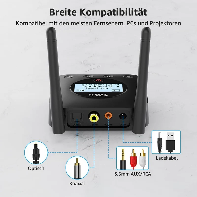 1Mii B06TX+ Bluetooth 5.3 Transmitter für TV mit Display, aptX Adaptive/HD/LL, Dual Link für 2 Kopfh