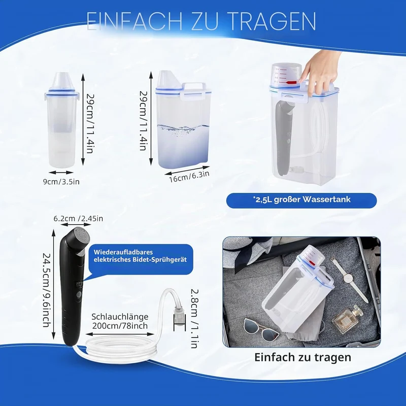 Portable Bidet, 2.5L Elektrisch Bidet, Reise Bidet Handbrause für Toilette Outdoor, Camping Flasche