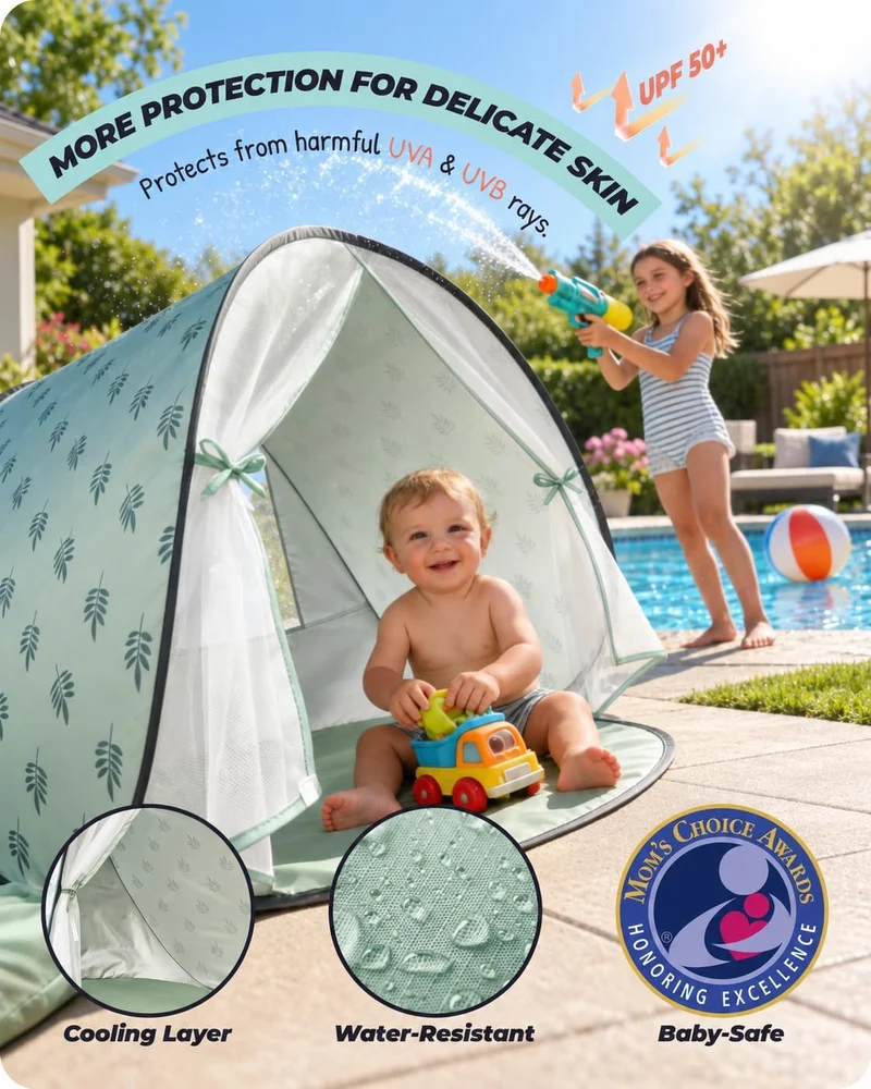 Strandmuschel Baby mit UV-Schutz UPF 50+, Pop-Up Strandzelt für Kinder & Babys, Automatischer Aufbau