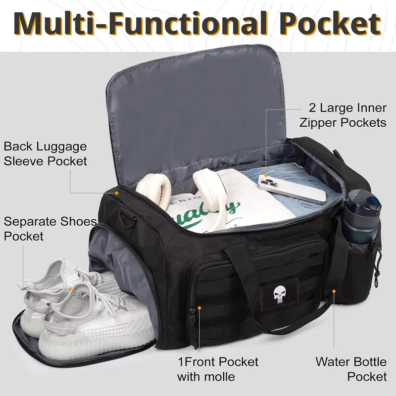 Taktische Sporttasche für Herren, 40L grosse Reisetasche mit Schuhfach, Sporttasche mit Nassfach, Mu
