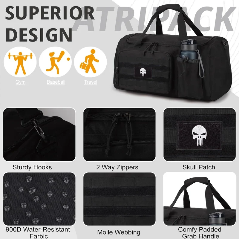 Taktische Sporttasche für Herren, 40L grosse Reisetasche mit Schuhfach, Sporttasche mit Nassfach, Mu