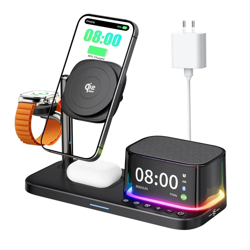 7-in-1 kabelloses Ladegerät, Bluetooth-Lautsprecher mit Wecker, 25W Handy-Schnellladung, Stimmungsli