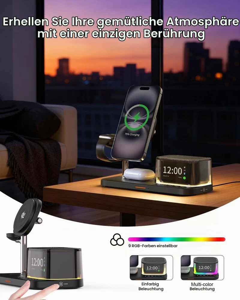 7-in-1 kabelloses Ladegerät, Bluetooth-Lautsprecher mit Wecker, 25W Handy-Schnellladung, Stimmungsli