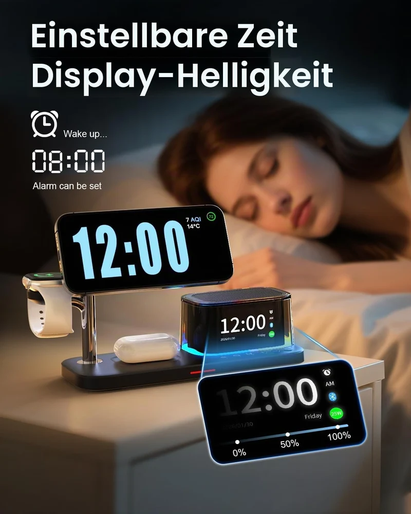 7-in-1 kabelloses Ladegerät, Bluetooth-Lautsprecher mit Wecker, 25W Handy-Schnellladung, Stimmungsli
