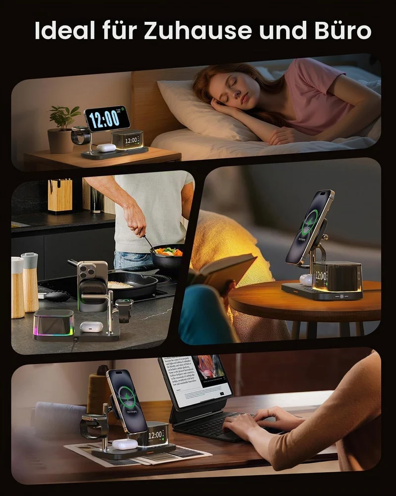 7-in-1 kabelloses Ladegerät, Bluetooth-Lautsprecher mit Wecker, 25W Handy-Schnellladung, Stimmungsli