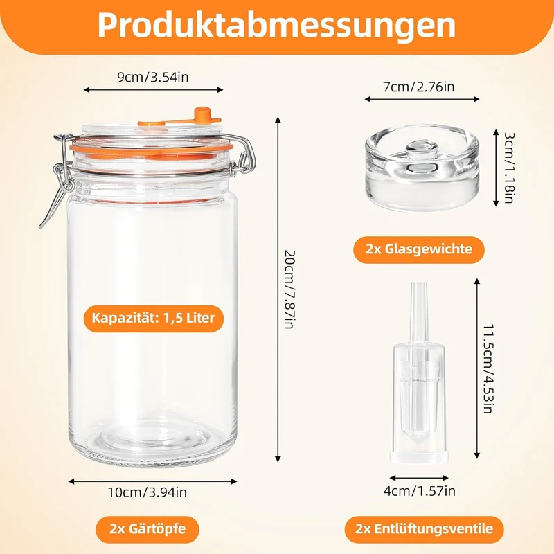 1,5L Fermentierglas Set mit 2 Fermentiergewichte - Fermentationsglas für Kimchi, Sauerkraut, Kombuch
