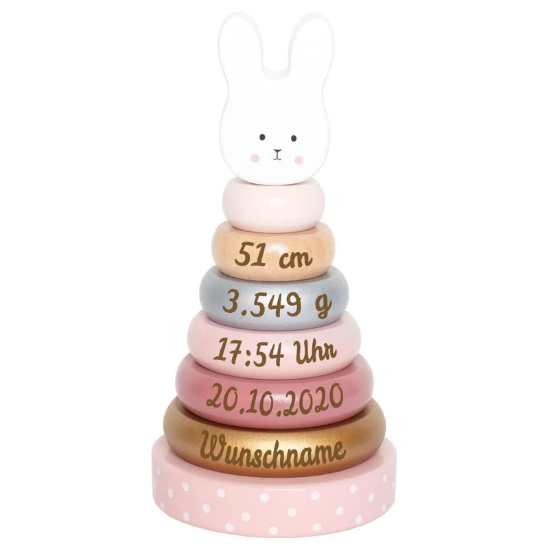 Elefantasie Stapelturm aus Holz Hase personalisierbar mit Name und Geburtsdaten Baby Geschenk mit Gr
