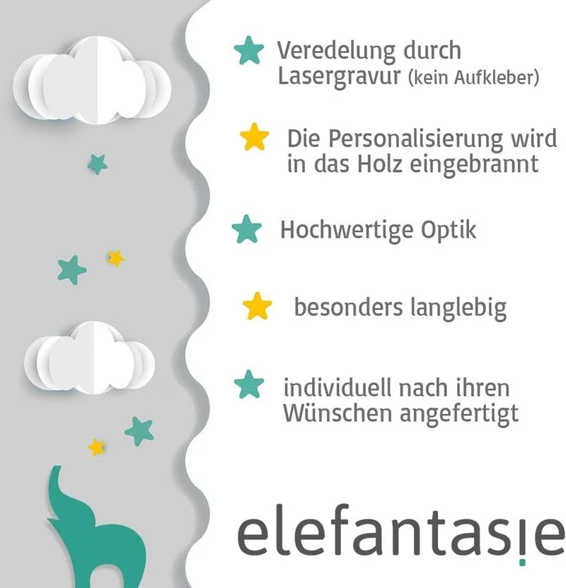 Elefantasie Stapelturm aus Holz Hase personalisierbar mit Name und Geburtsdaten Baby Geschenk mit Gr