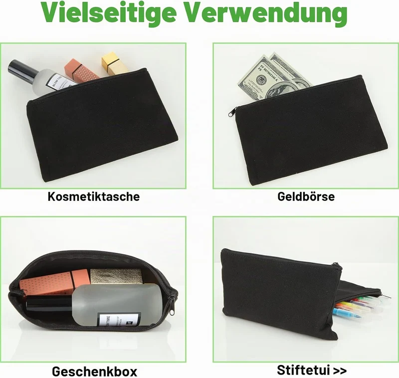 JMIATRY 30 Stück DIY Blanko Stoffbeutel Mit Reissverschluss Schwarz, 12 × 21cm Klein Stoffbeutel Zum
