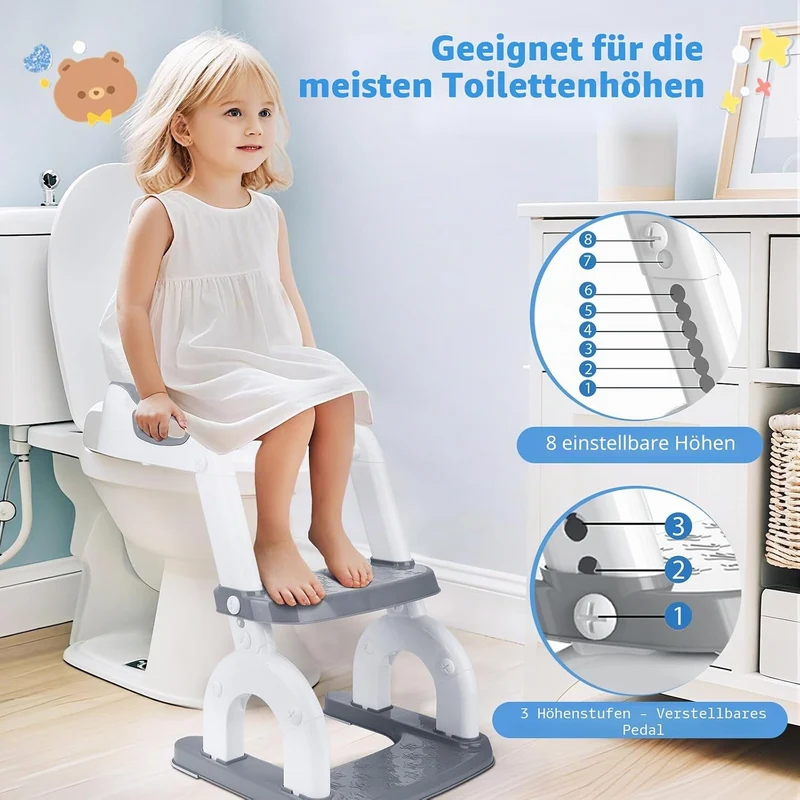 2-In-1 Toilettensitz Kinder Mit Treppe,10 Stufige Höhenverstellung,Leicht Zu Reinigen,Toilettenaufsa
