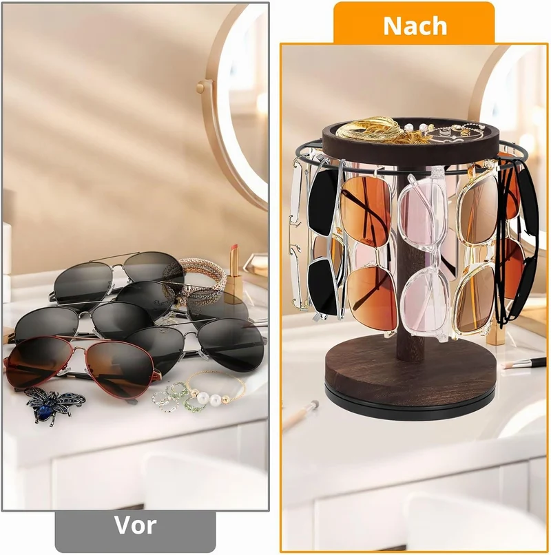 Qivine Brillenständer für Mehrere Brillen, Metallrahmen Brillenhalter Tisch mit Holzsockel, 360° Dre