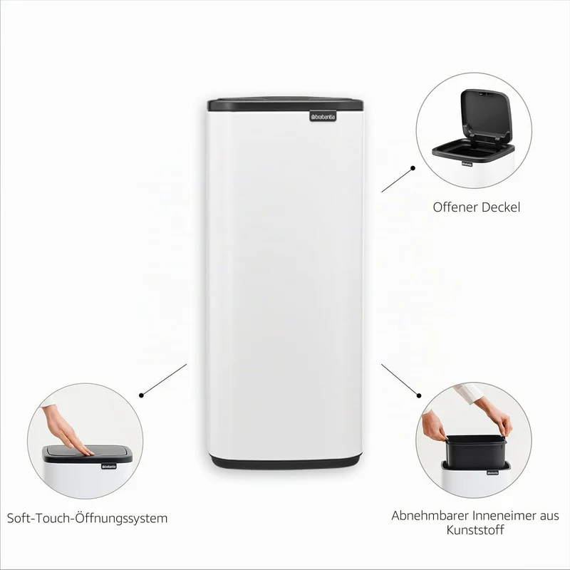 Brabantia Bo Touch Bin Küchenmülleimer 30 L (weissü), platzsparender Abfalleimer mit Soft-Touch-Öñff