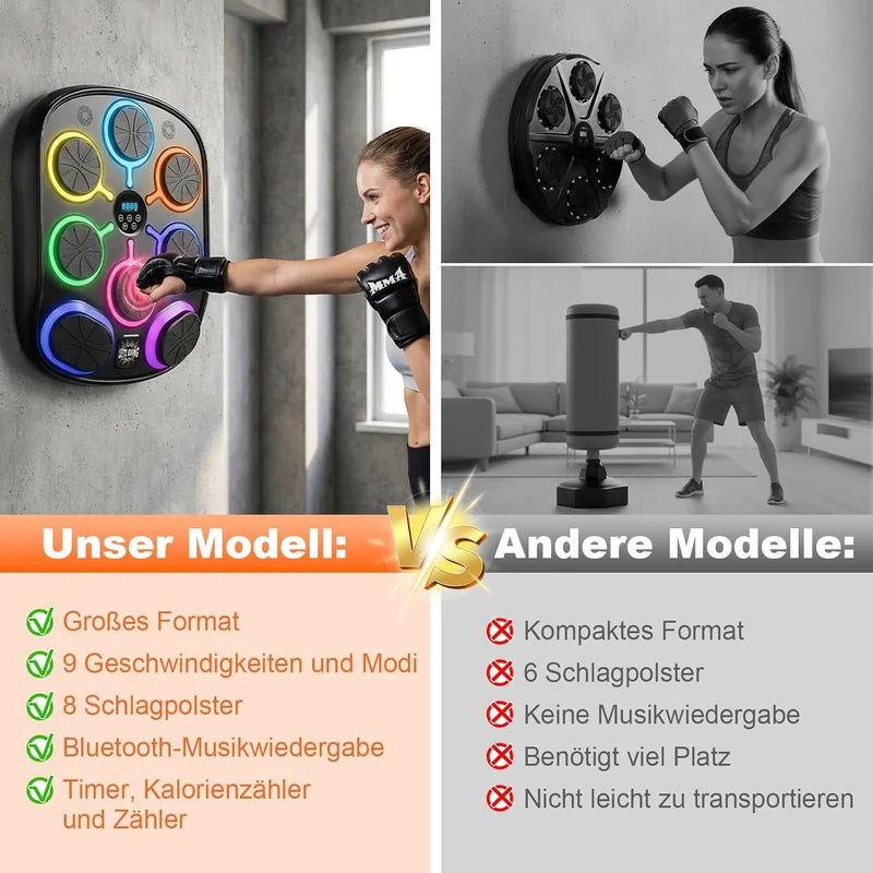 Musikboxmaschine mit Handschuhen, Wandmontage Smart Punching Target mit Bluetooth, 9 Musik-/Lichtmod