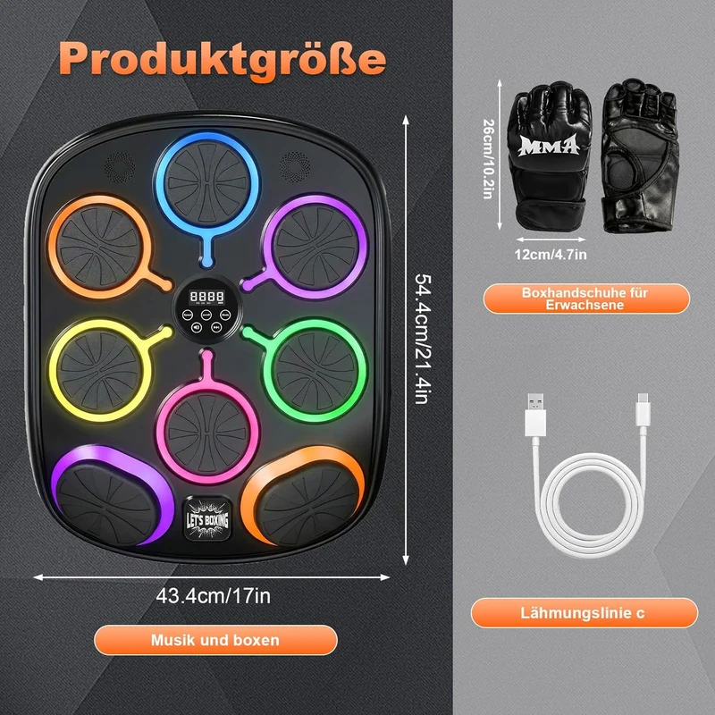 Musikboxmaschine mit Handschuhen, Wandmontage Smart Punching Target mit Bluetooth, 9 Musik-/Lichtmod