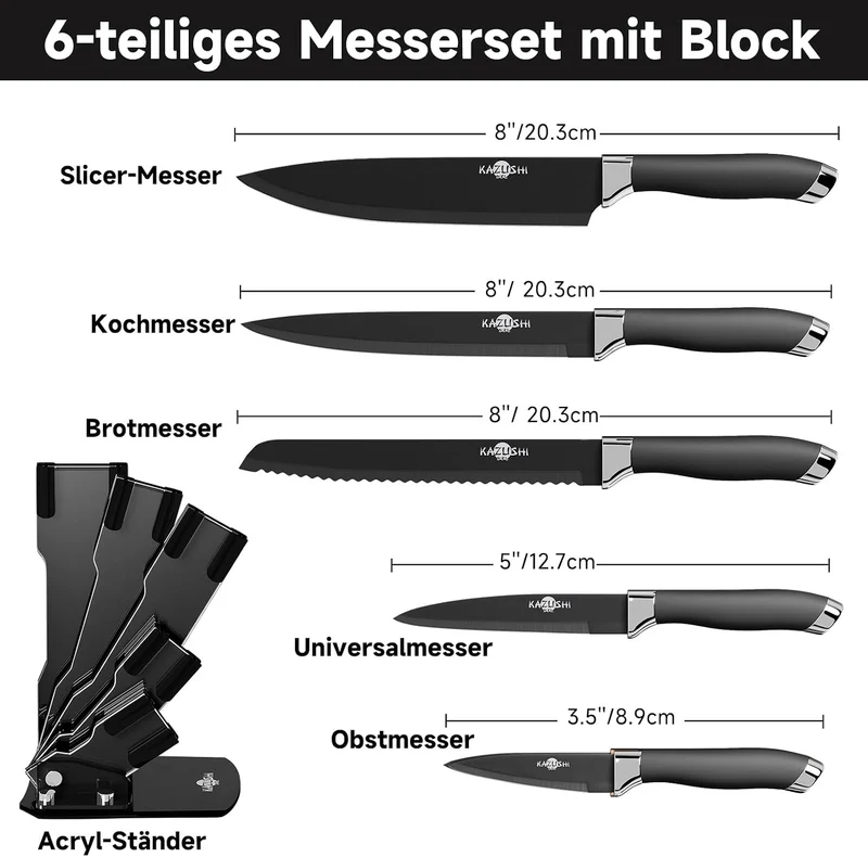 6-teilig Messerset mit Messerhalter, Küchenmesser Set, Profi Messerset mit Block, Edelstahl Messer S