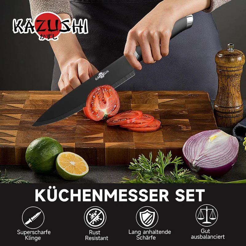 6-teilig Messerset mit Messerhalter, Küchenmesser Set, Profi Messerset mit Block, Edelstahl Messer S