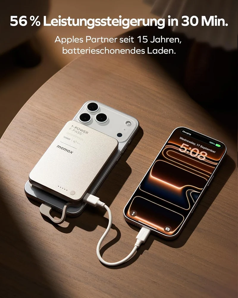 MOMAX Ultraflache Powerbank 10000mAh, 30W Schnellladung mit integriertem USB-C Kabel, 56% Ladung in