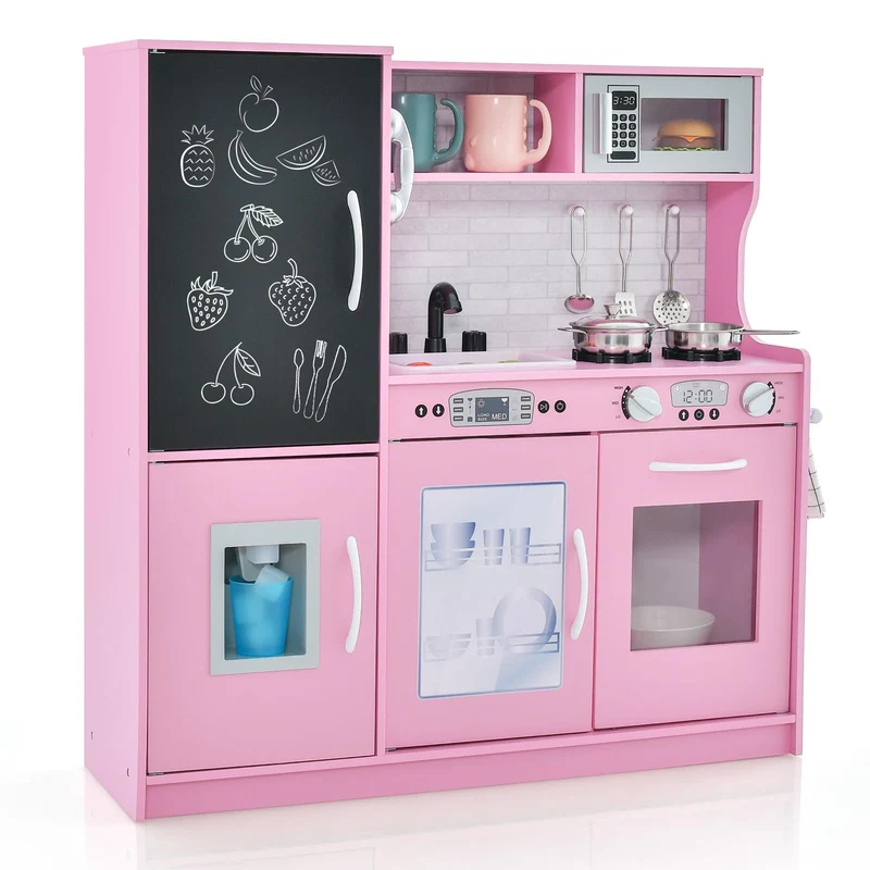 GOPLUS Kinderküche aus Holz, Kinderspielküche mit Mikrowellen, Backofen, Wasserbecken, Kreidetafel &