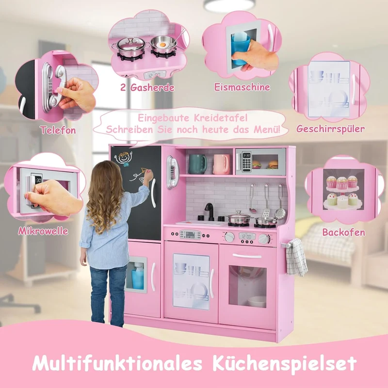 GOPLUS Kinderküche aus Holz, Kinderspielküche mit Mikrowellen, Backofen, Wasserbecken, Kreidetafel &