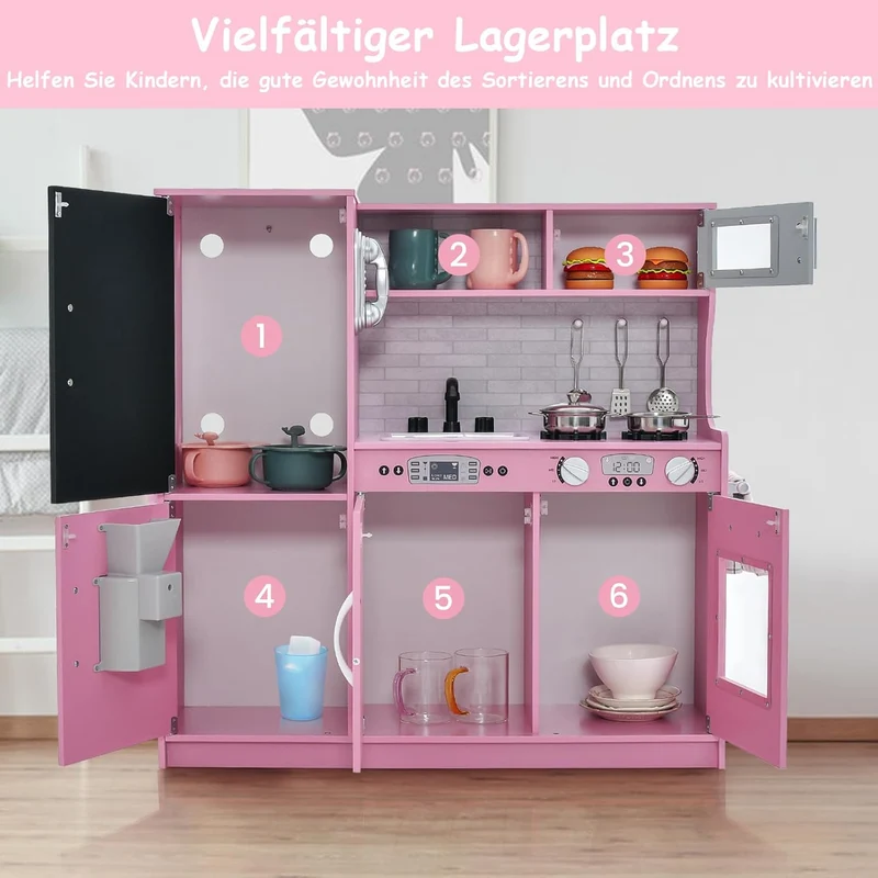 GOPLUS Kinderküche aus Holz, Kinderspielküche mit Mikrowellen, Backofen, Wasserbecken, Kreidetafel &