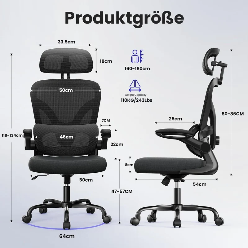 naspaluro Ergonomischer Bürostuhl mit Dynamischer Lordosenstütze, Schreibtischstuhl mit 3D-Kopfstütz