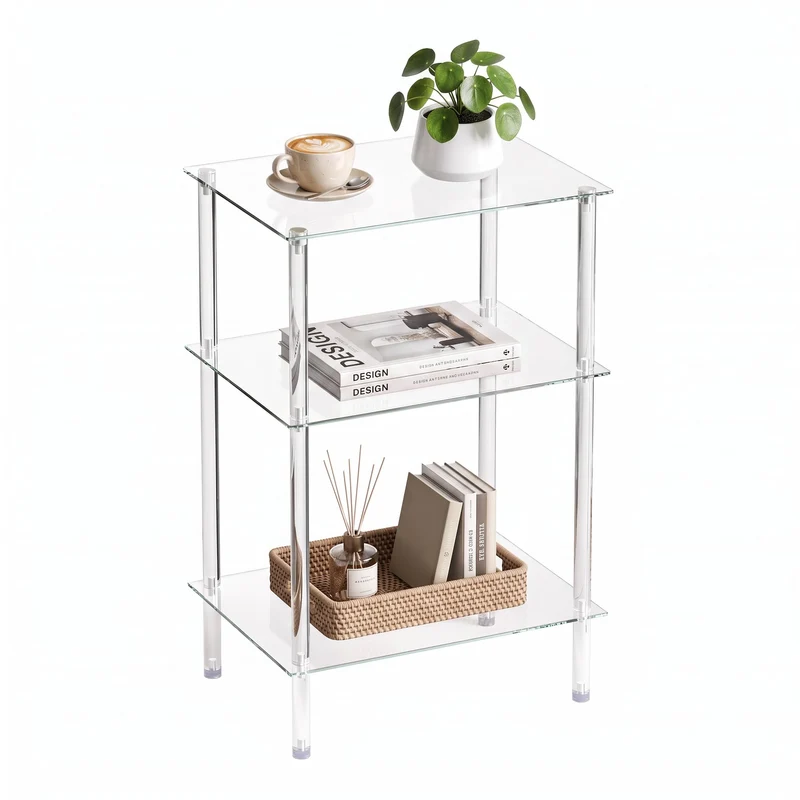 Moderner Beistelltisch Glas Eckig Transparenter Tisch mit 3 Ablagen Nachttisch Glastisch Side Table