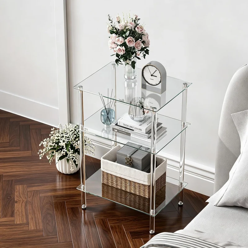 Moderner Beistelltisch Glas Eckig Transparenter Tisch mit 3 Ablagen Nachttisch Glastisch Side Table