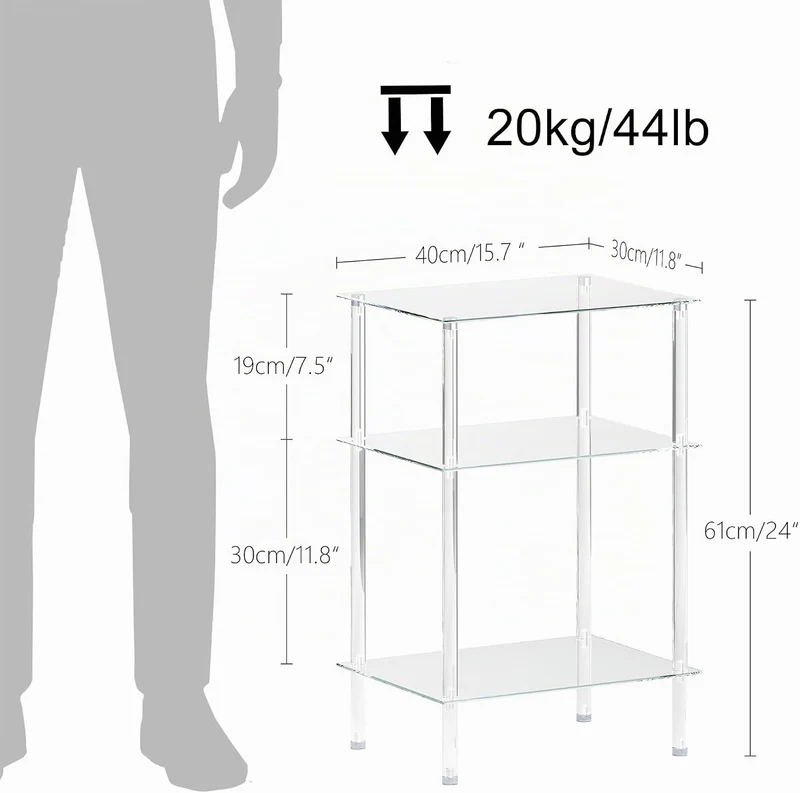Moderner Beistelltisch Glas Eckig Transparenter Tisch mit 3 Ablagen Nachttisch Glastisch Side Table