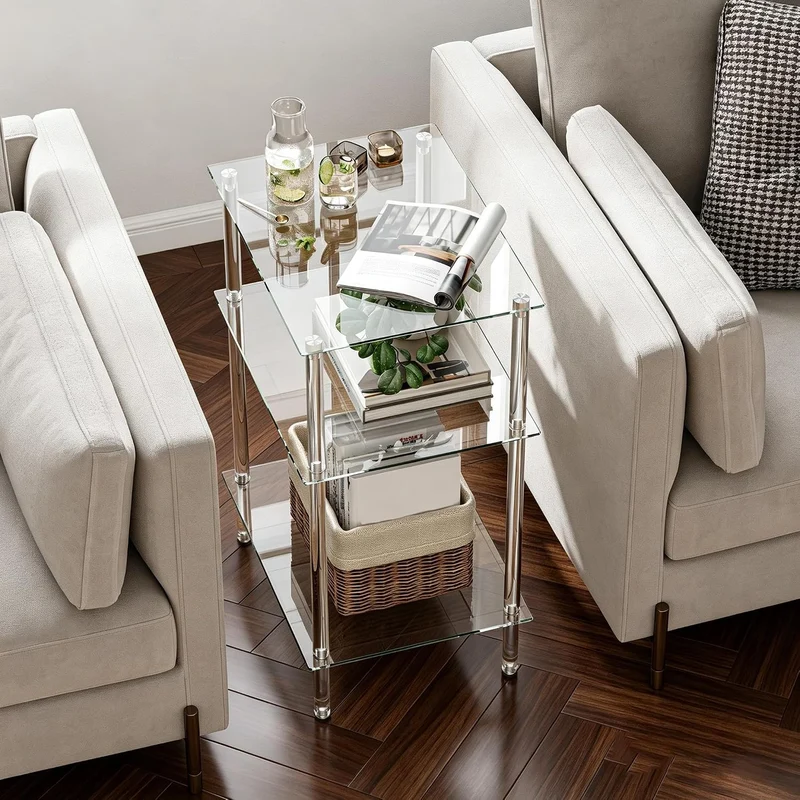 Moderner Beistelltisch Glas Eckig Transparenter Tisch mit 3 Ablagen Nachttisch Glastisch Side Table