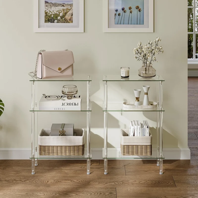 Moderner Beistelltisch Glas Eckig Transparenter Tisch mit 3 Ablagen Nachttisch Glastisch Side Table