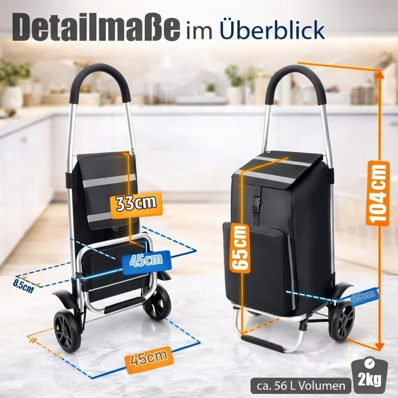 Einkaufstrolley klappbar 56L mit separatem Kühlfach 5L - Einkaufsroller mit Abnehmbarer regenfester