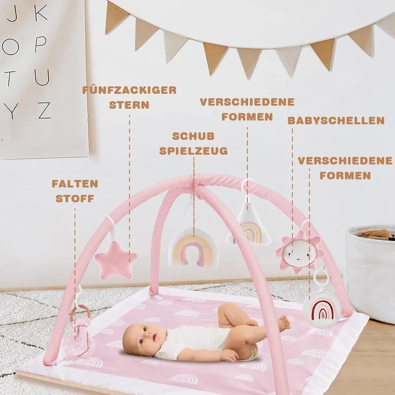 Mallify Spielbogen Baby Mädchen, Krabbeldecke für Baby mit 6 abnehmbaren sensorischen Spielzeugen un