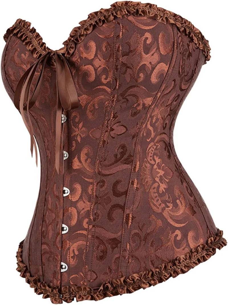 Damen Korsett Bauchweg Vollbrust Corsage Top Gothic Burlesque Schnüren Bustier Braun L, Braun L