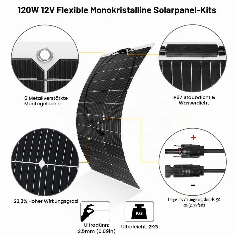 【240W 12V Flexibel Solarpanel Kit】DERUXI 2x120W Flexibles Solarmodule+30A Laderegler+Y Solarstecker+