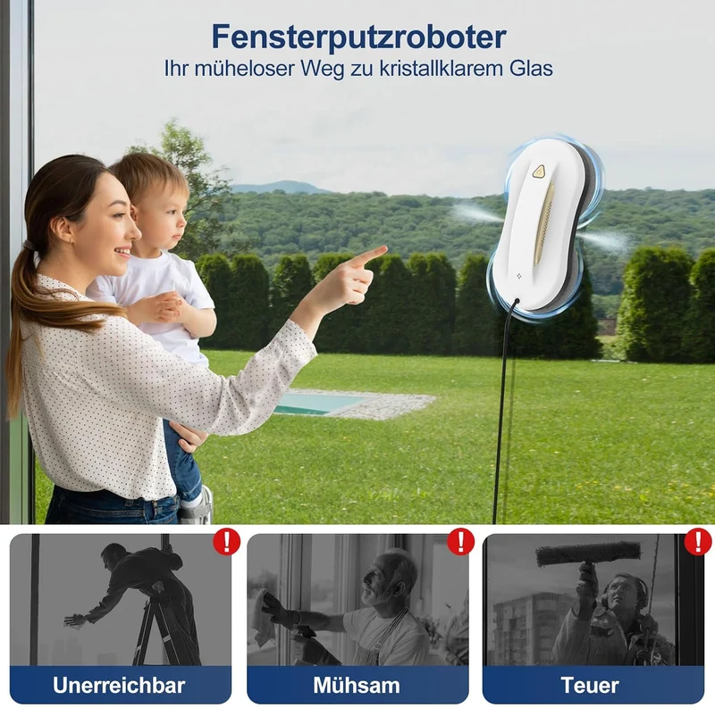 Fensterputzroboter mit KI-Navigation, Sprühfunktion und App-Steuerung Metallic Weiss Hellgold, Metal