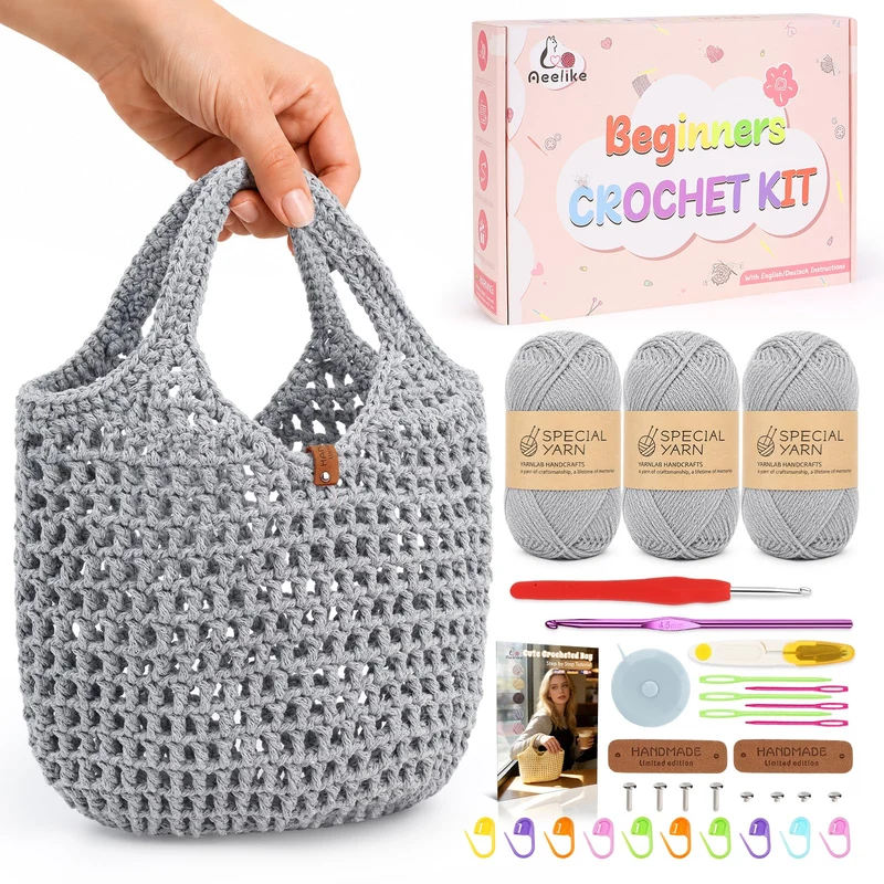 Aeelike Häkelset für Anfänger Handtasche, Starter Häkel Set mit Häkelnadeln 2Pcs 4,5mm, 3 Häkelgarn,