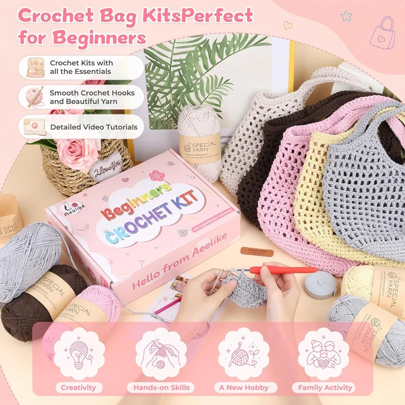 Aeelike Häkelset für Anfänger Handtasche, Starter Häkel Set mit Häkelnadeln 2Pcs 4,5mm, 3 Häkelgarn,