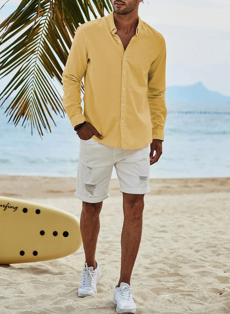Leinenhemd für Herren, Langarm, lässig, Baumwolle, Hemden, Herren, einfarbig, Business, Casual, Knop
