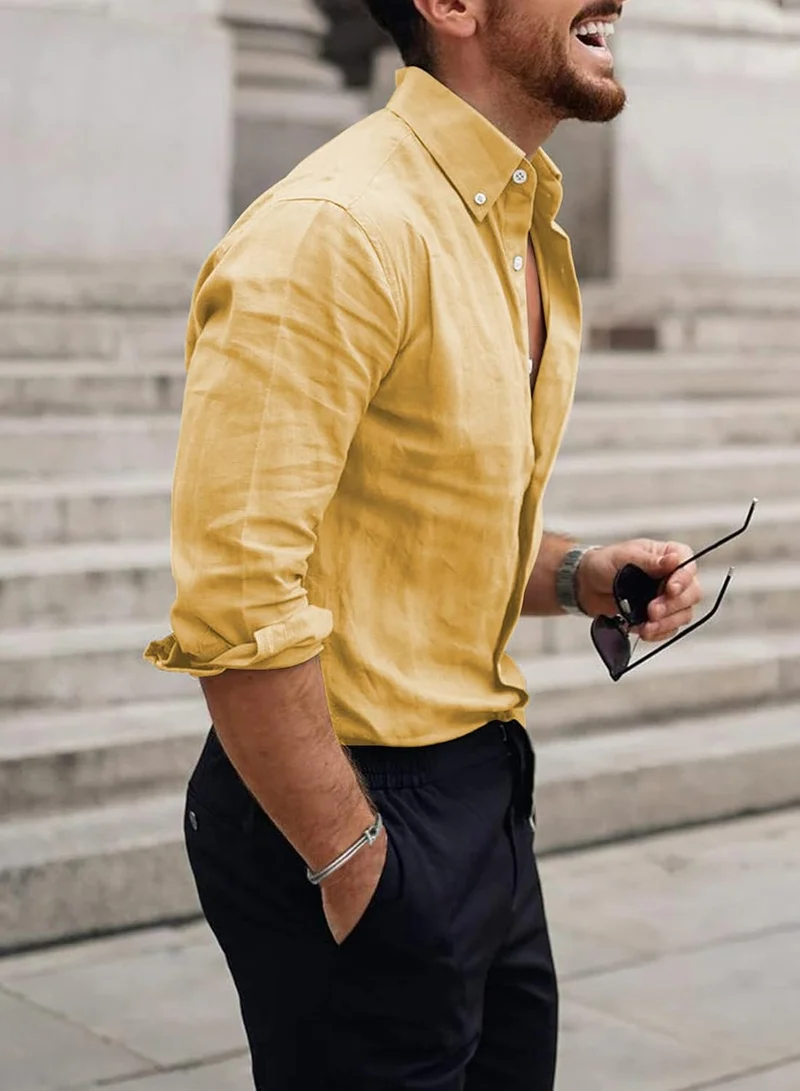 Leinenhemd für Herren, Langarm, lässig, Baumwolle, Hemden, Herren, einfarbig, Business, Casual, Knop